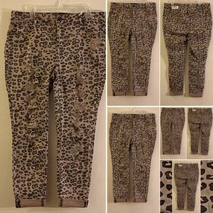 Distressed Leopard Print High Rise Roll Up Jeans